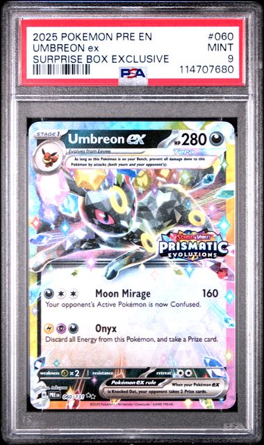 060/131 Umbreon ex PSA 9 2025 Pokémon Pre Prismatic Evolutions – Surprise Box Exclusive