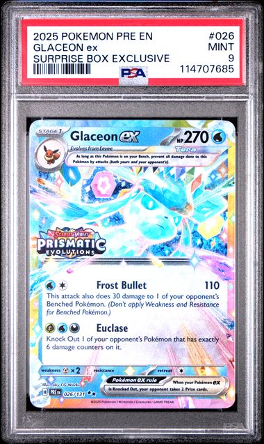 026/131 Glaceon ex PSA 9 2025 Pokémon Prismatic Evolutions – Surprise Box Promo