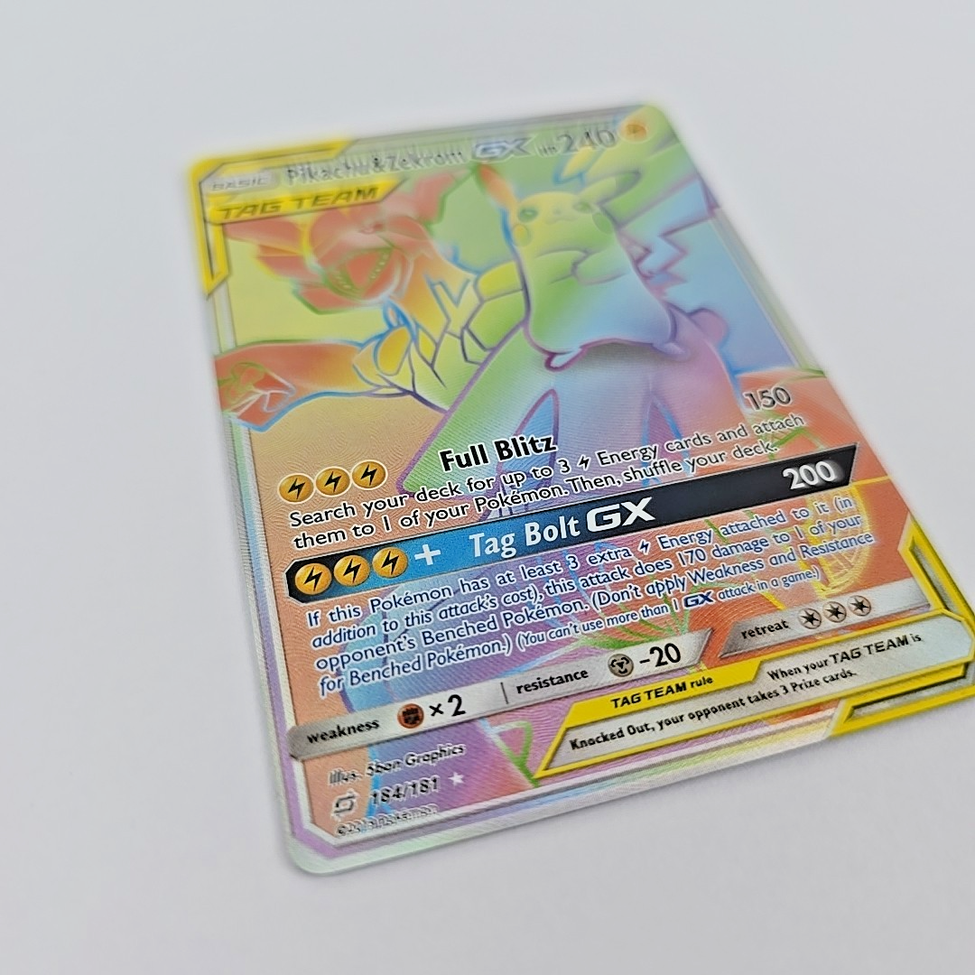 184/181 Pikachu & Zekrom GX Team Up Rainbow Holo Pokemon Free Combined Postage