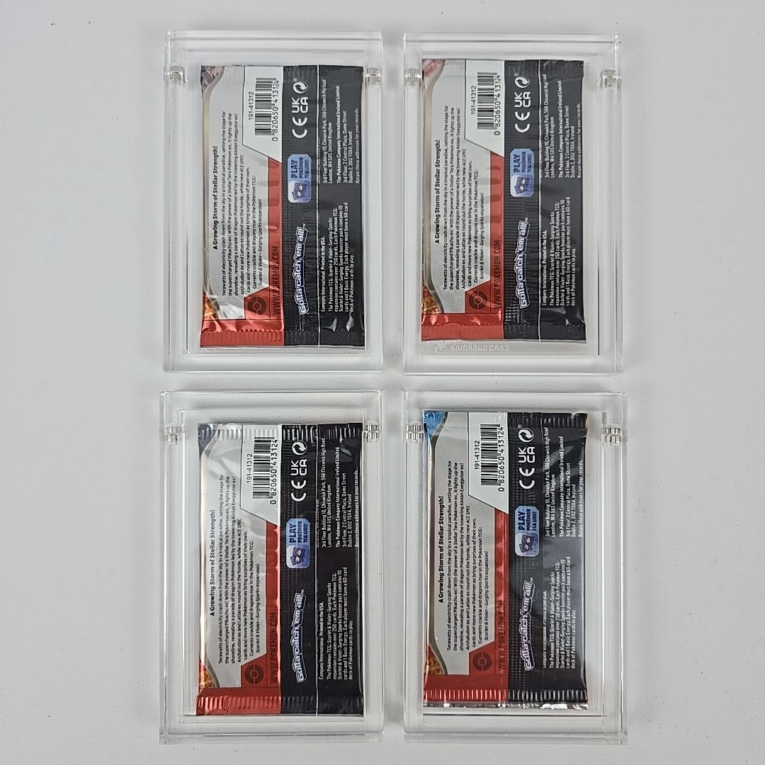 Pokémon Surging Sparks Booster Pack Art Set (4) + Card Guardian Acrylic Cases