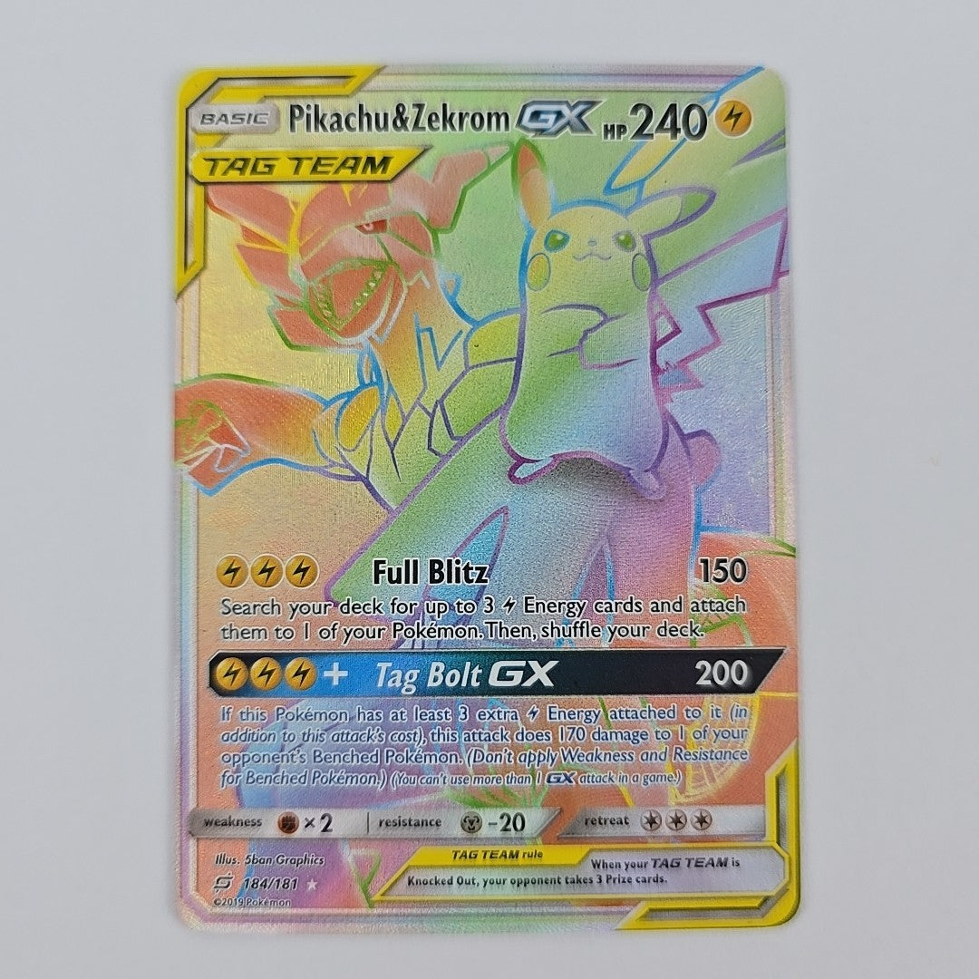 184/181 Pikachu & Zekrom GX Team Up Rainbow Holo Pokemon Free Combined Postage