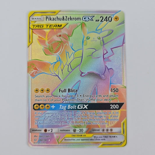 184/181 Pikachu & Zekrom GX Team Up Rainbow Holo Pokemon Free Combined Postage
