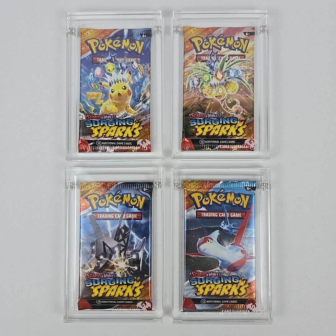 Pokémon Surging Sparks Booster Pack Art Set (4) + Card Guardian Acrylic Cases