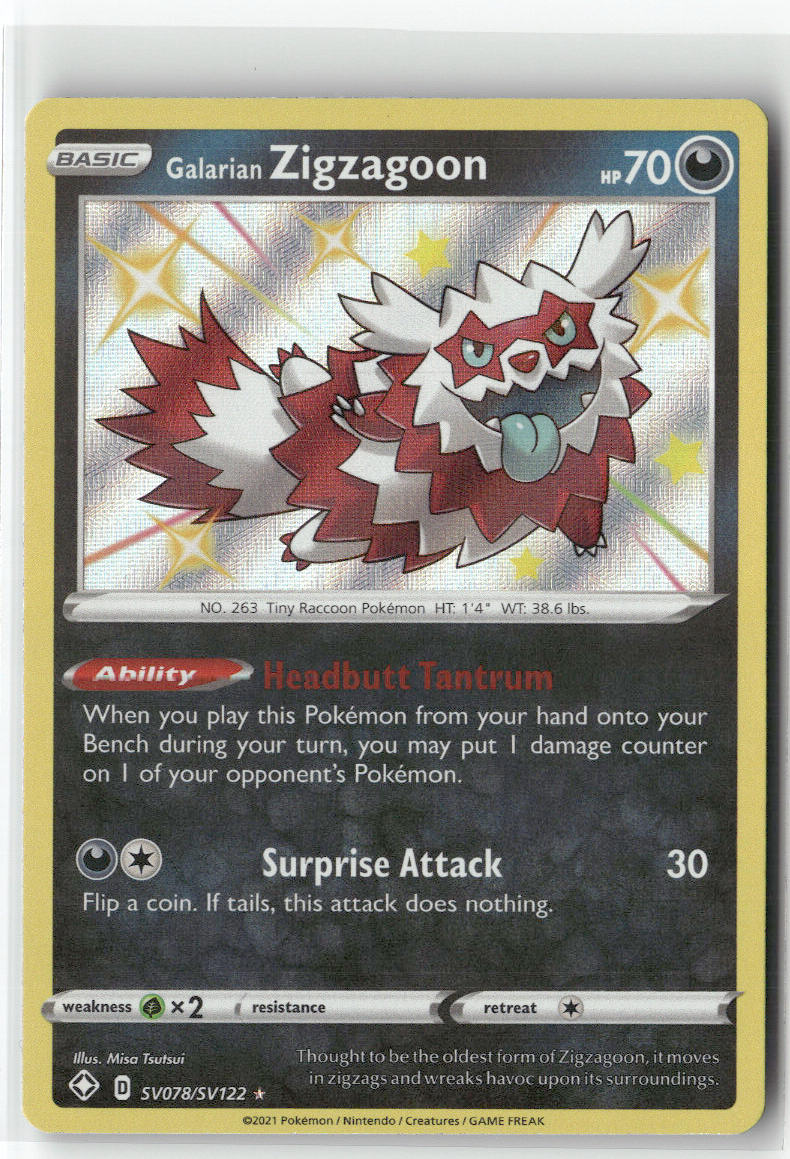 Galarian Zigzagoon SV078/SV122 – Shining Fates: Shiny Vault Pokémon Card NM