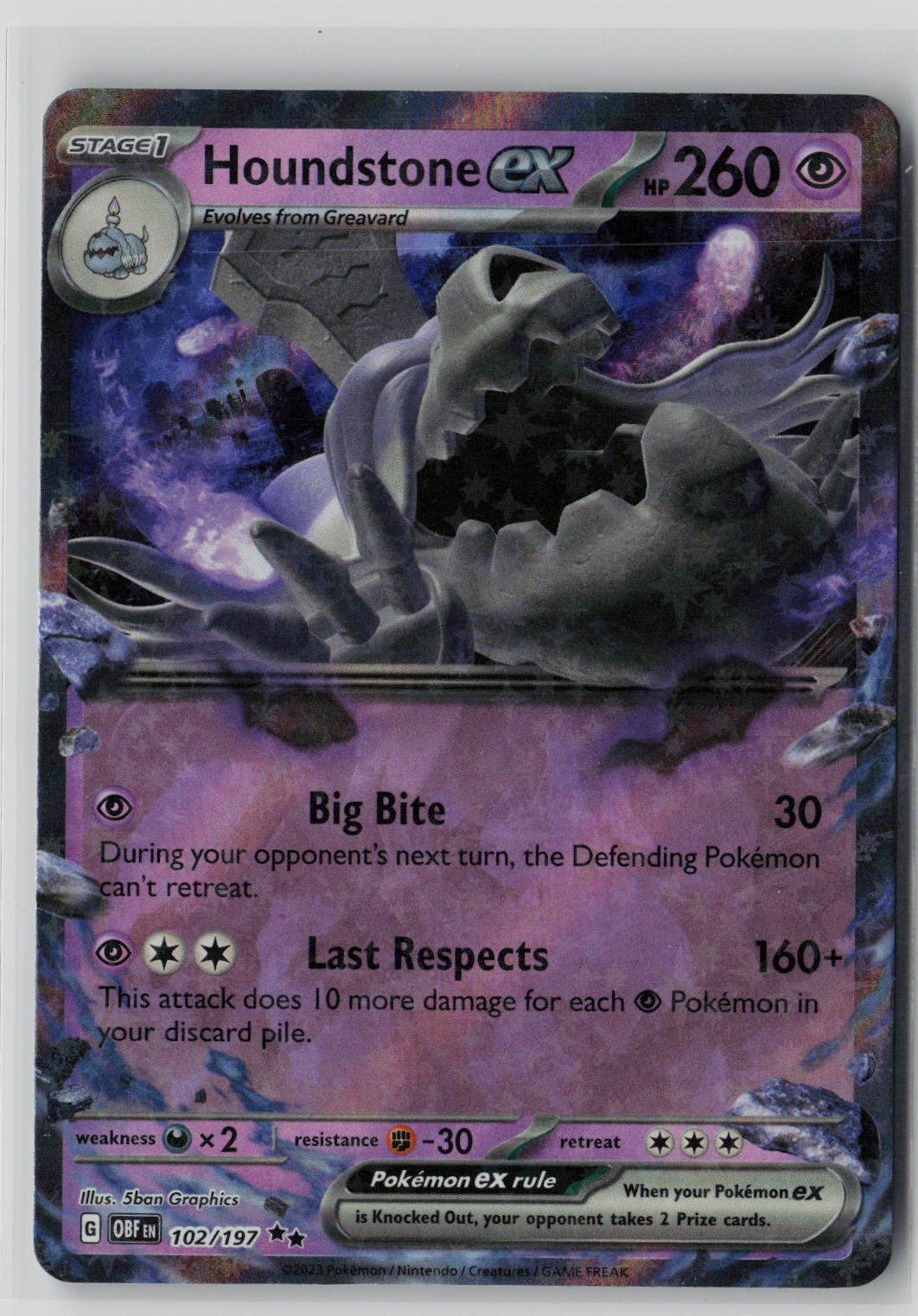 Houndstone ex 102/197 – Obsidian Flames Pokémon Card NM