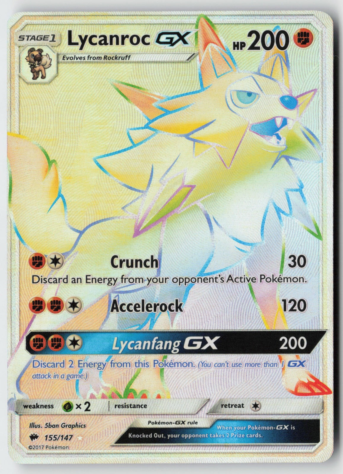 Lycanroc GX (Secret) 155/147 – SM - Burning Shadows Pokémon Card NM